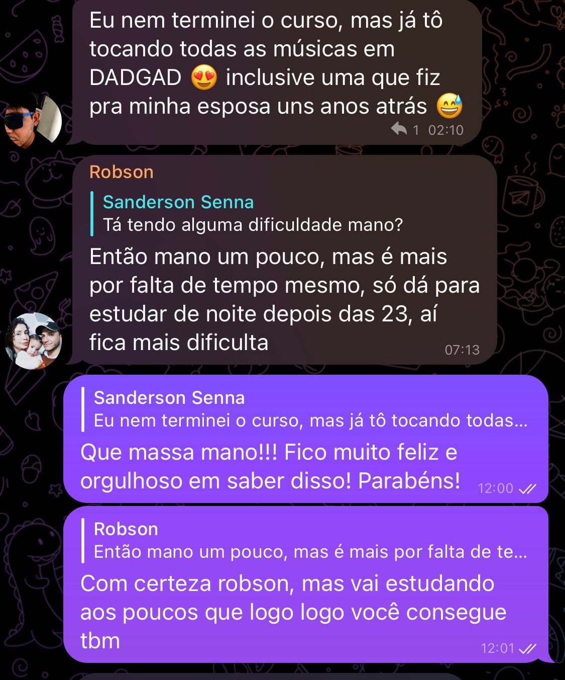 Aluno contando que já toca músicas em DADGAD