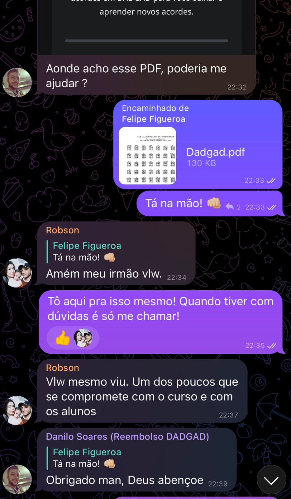 Aluno agradecendo o suporte recebido durante os estudos